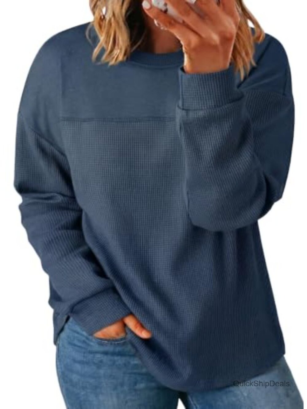 Plus Size Waffle Knit Sweatshirt Crewneck Loose Fit Pullover Top